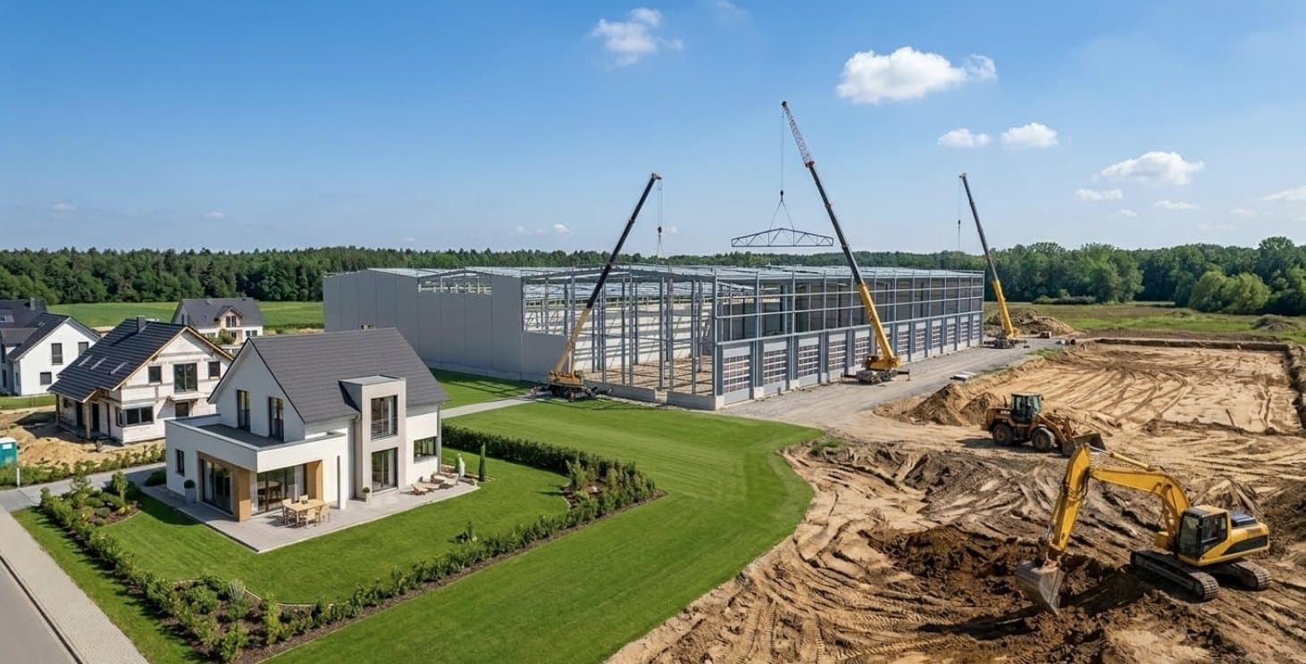 Illustration of residential and commercial construction underway on the same development